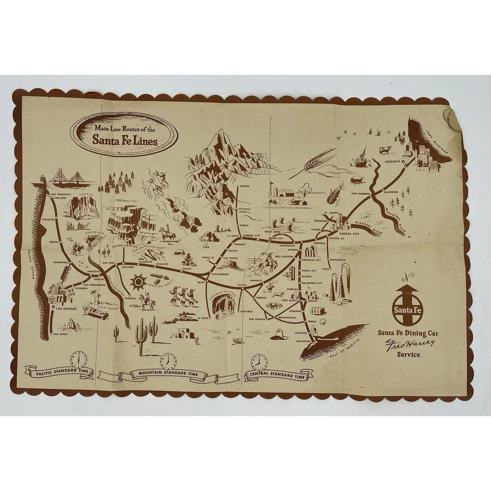 Vintage Illustrated Map Santa Fe Railroad Texas New Mexico 1950s Santa Fe Line